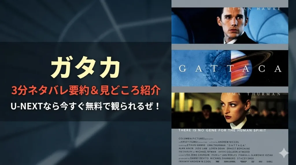 映画『ガタカ』のポスターと、日本語の紹介テキストを左右に配置した16:9の横長画像。右側にはオリジナルのポスターがあり、イーサン・ホーク、ユマ・サーマン、土星のような惑星が描かれている。左側のダークトーンの背景には、黄色い太字で「ガタカ」、赤い文字で「3分ネタバレ要約＆見どころ紹介」、白い文字で「U-NEXTなら今すぐ無料で観られるぜ！」と書かれている。