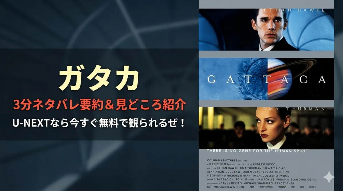 映画『ガタカ』のポスターと、日本語の紹介テキストを左右に配置した16:9の横長画像。右側にはオリジナルのポスターがあり、イーサン・ホーク、ユマ・サーマン、土星のような惑星が描かれている。左側のダークトーンの背景には、黄色い太字で「ガタカ」、赤い文字で「3分ネタバレ要約＆見どころ紹介」、白い文字で「U-NEXTなら今すぐ無料で観られるぜ！」と書かれている。