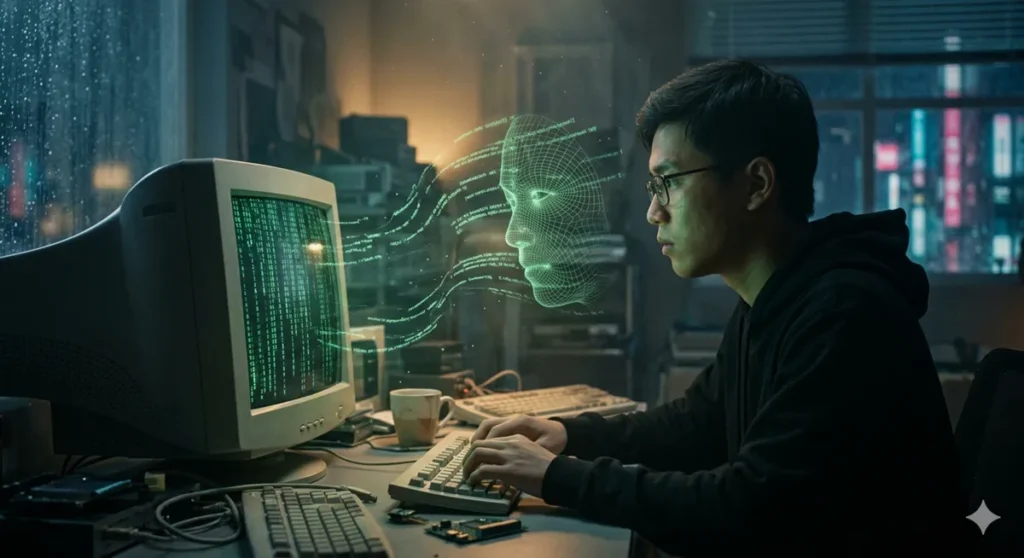 A close-up shot in a dark, clutted room of a young software engineer staring at an old-school CRT monitor. Green computer code is cascading on the screen, physically floating up and swirling in the air to form a wireframe mask of the engineer's own face, reflecting their expression back.