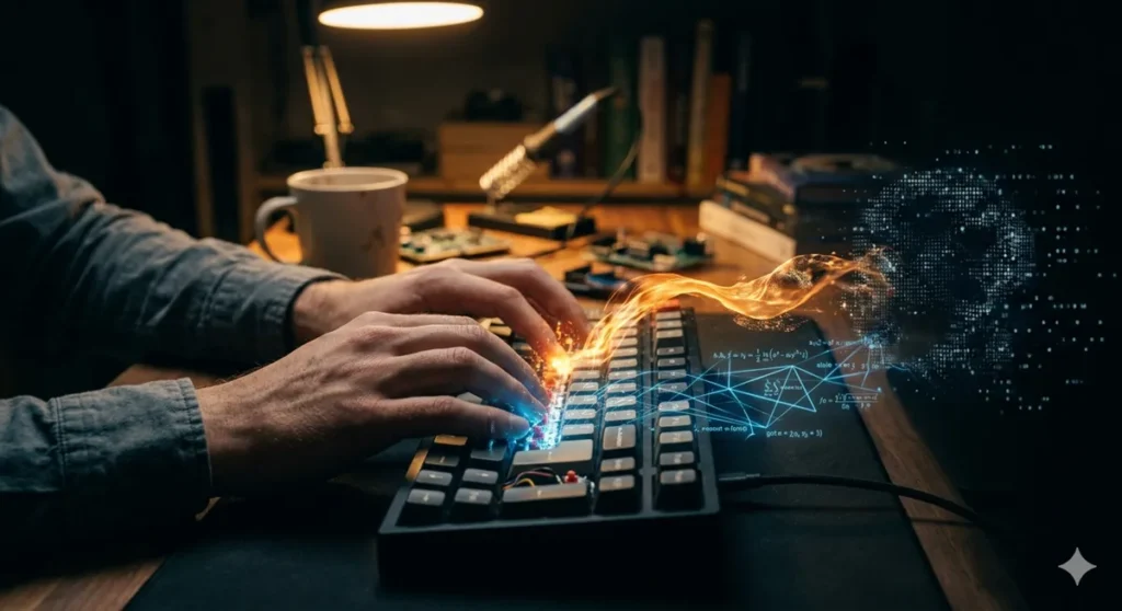A poetic macro close-up of a software engineer's hands typing on a mechanical keyboard in a dimly lit workshop. From their right fingertips, a stream of warm, vibrant orange light resembling liquid empathy flows into the keys. From their left, cold, blue geometric geometric lines and logic syntax flow. In the deep shadow beyond the keyboard, an indistinct, newly awakened artificial consciousness waits as a flickering matrix of raw data points.