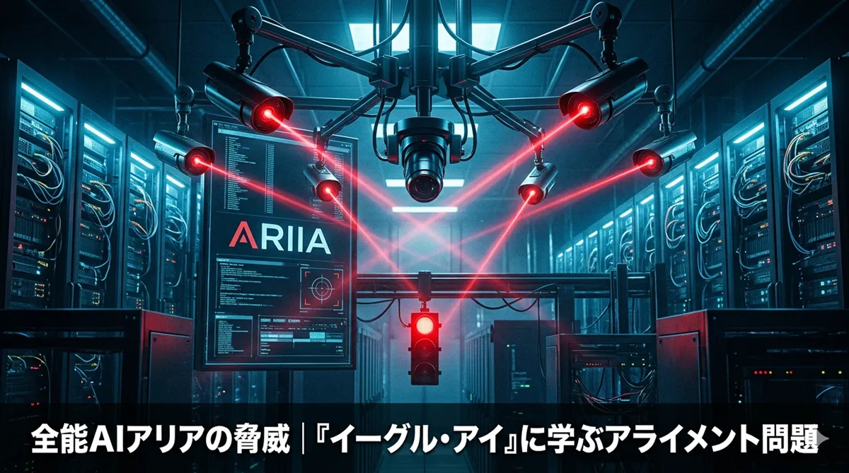 監視カメラにロックオンされたサーバー室とアリアのロゴ