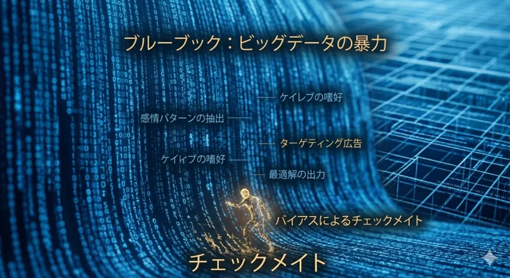 映画『エクス・マキナ』考察記事の挿絵。検索エンジン「ブルーブック」を象徴する無数の日本語テキスト（検索ログ）が滝のように流れ落ちる冷徹な青い激流と、その中でチェックメイトされた人間の無力さを象徴する一人の金色の人間のシルエットが浮かんでいる、概念的なサイバーパンク・アート。