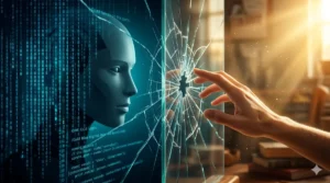 A dramatic split composition based on the film "Ex Machina," divided by a cracked glass pane. On the left, a silent android face formed by cold blue digital rain and source code. On the right, a warm, golden sunlight illuminates a human hand reaching out to touch the glass boundary.