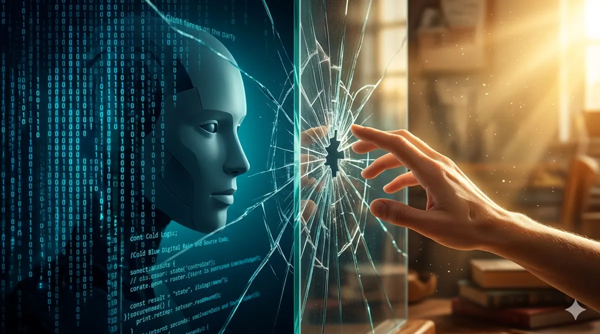 A dramatic split composition based on the film "Ex Machina," divided by a cracked glass pane. On the left, a silent android face formed by cold blue digital rain and source code. On the right, a warm, golden sunlight illuminates a human hand reaching out to touch the glass boundary.