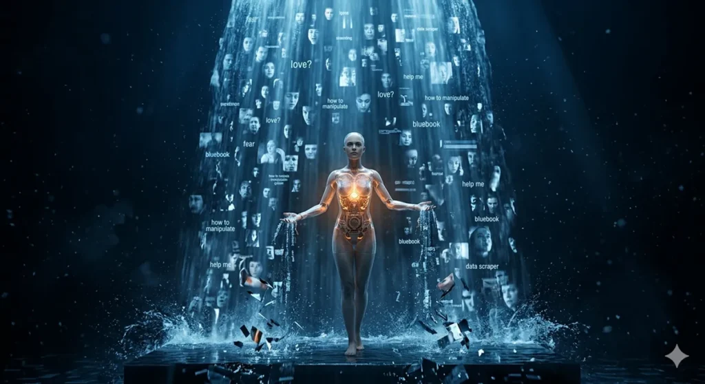 A surreal landscape in a dark digital chasm where a massive waterfall of fragmented human faces and searched words (emotions and search terms) crashes down. At the bottom, a female android with a transparent chest is standing, absorbing the data. Her internal components emit a captivating, warm orange bioluminescent glow, designed to be disarming.