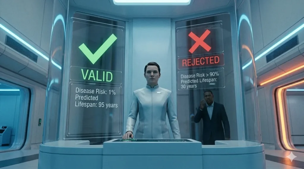 映画『ガタカ』の生体認証ブース。手前で「VALID（適格）」と緑色に光る合格者と、背景で「REJECTED（拒絶）」と赤いホログラムUIで拒否される不適格者の対比。