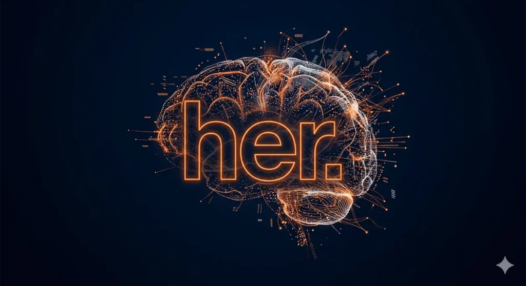 映画『her』の世界観を表現した見出し画像。オレンジ色に輝くタイトル「her.」から、複雑に進化するAIのニューラルネットワークが爆発的に広がっている。技術的な視点での考察を象徴するビジュアル。