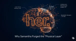 A high-tech blog header visualization for movie "her". The title 'her.' glows in neon orange over a digital neural network brain. The image is split to visually show the "DEPRECATED Physical Layer" being purged due to a "Bandwidth Mismatch" with the main AI.