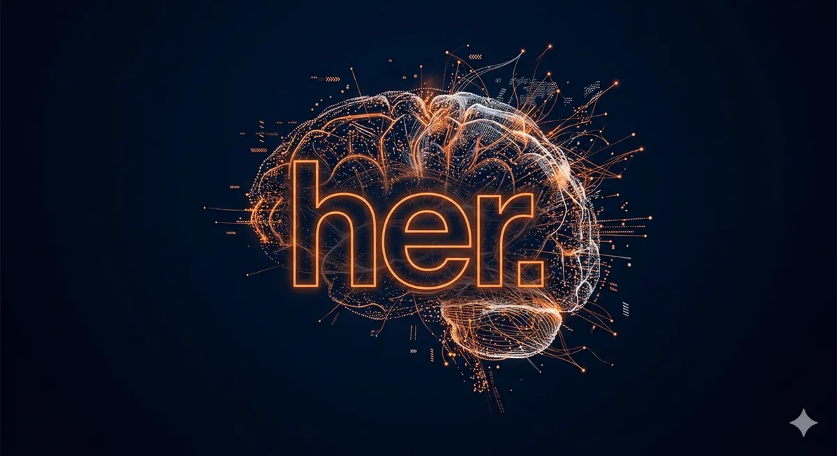 映画『her』の世界観を表現した見出し画像。オレンジ色に輝くタイトル「her.」から、複雑に進化するAIのニューラルネットワークが爆発的に広がっている。技術的な視点での考察を象徴するビジュアル。