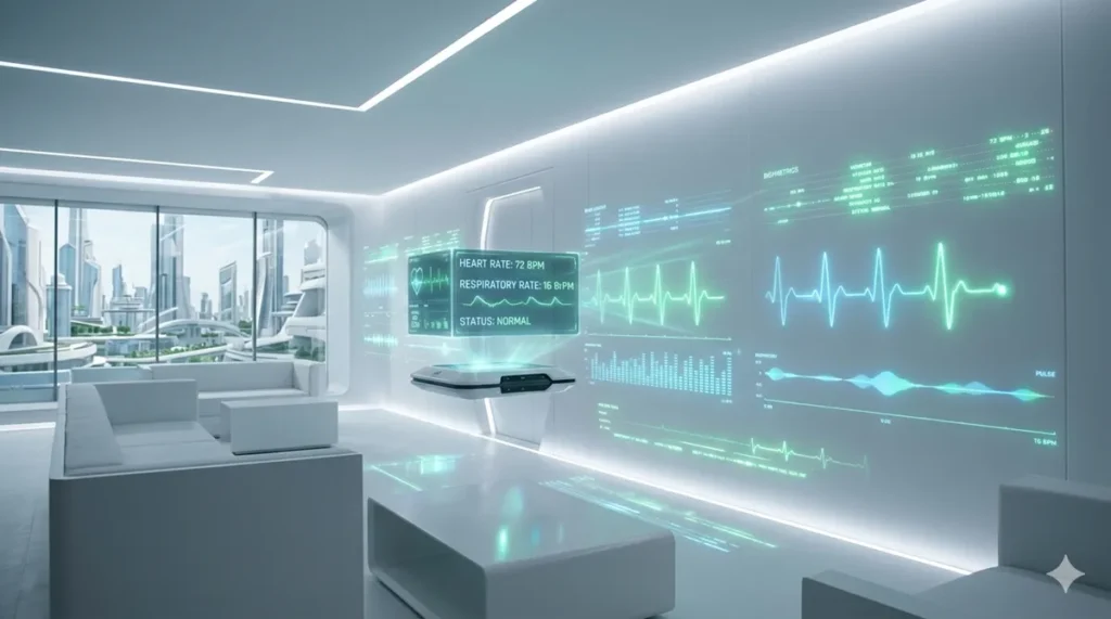 A futuristic white minimalist room inspired by the movie 'The Island,' featuring a holographic device projecting real-time heart rate and respiratory bio-data onto the walls using AI-driven non-contact sensing technology.