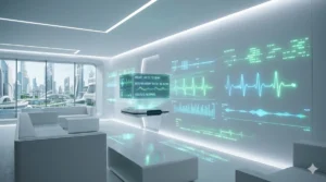 A futuristic white minimalist room inspired by the movie 'The Island,' featuring a holographic device projecting real-time heart rate and respiratory bio-data onto the walls using AI-driven non-contact sensing technology.