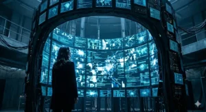A shot of Evelyn's back as she looks up at a fragmented face displayed on a supercomputer monitor, an homage to the film Transcendence. The pale light conveys a sense of doubt and uncertainty.