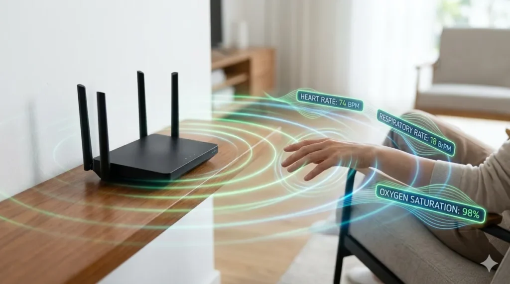 Wi-FiセンシングやrPPG（遠隔脈波測定）技術をイメージした抽象的な図解。部屋の中に広がる微細な電波やカメラの光が、寝ている人の呼吸や心拍をデバイスレスで検知・解析している近未来のヘルスケア。