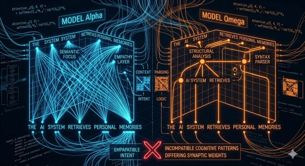 A technical diagram illustrating the different attention patterns of Model Alpha (blue) and Model Omega (orange) when processing the same sentence. It visualizes how Alpha focuses on semantic and empathetic relationships, while Omega prioritizes syntactic structure and logic.