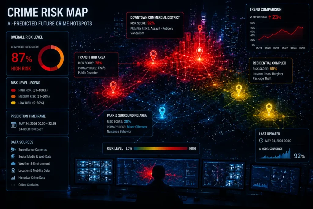 A futuristic AI-powered crime risk map visualizing predictive policing technology, showing high-risk urban hotspots, surveillance analytics, and real-time crime forecasting data across a cyberpunk-style city.