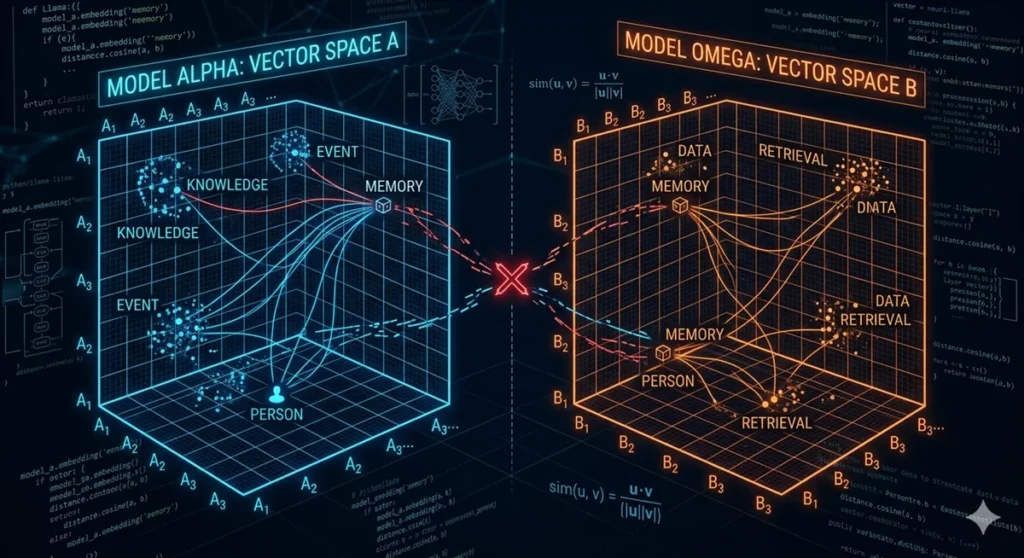 A conceptual diagram showing the mismatch of vector spaces between two different AI models (Alpha and Omega). It visualizes how the same concept "Memory" is mapped to different coordinates in their respective high-dimensional embedding spaces.