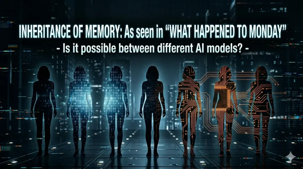 A cinematic eye-catch image featuring seven female silhouettes representing the sisters from 'What Happened to Monday,' with digital patterns and neural circuits. The text reads: 'INHERITANCE OF MEMORY: As seen in "WHAT HAPPENED TO MONDAY" - Is it possible between different AI models?'