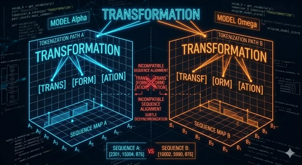 A technical diagram showing the difference in tokenization processes between Model Alpha and Model Omega. The word "TRANSFORMATION" is split into different sub-word units: [TRANS][FORM][ATION] for Alpha, and [TRANSF][ORM][ATION] for Omega, leading to incompatible numerical sequences.