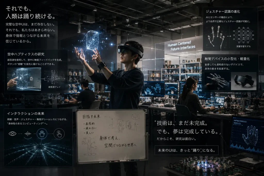XR・空中触覚・ジェスチャー操作の研究を行う未来的な研究室のイメージ。身体性を伴う次世代インターフェース開発を表現。