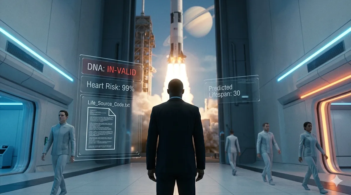 A cinematic, wide-angle shot of Vincent standing in a futuristic spaceport, looking up at a rocket launch, with holographic UI overlays displaying 'DNA: IN-VALID' and 'Life_Source_Code.txt'.