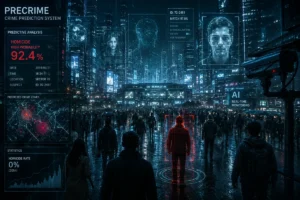 A futuristic pre-crime-style image of an AI-powered crime prediction system monitoring a city.