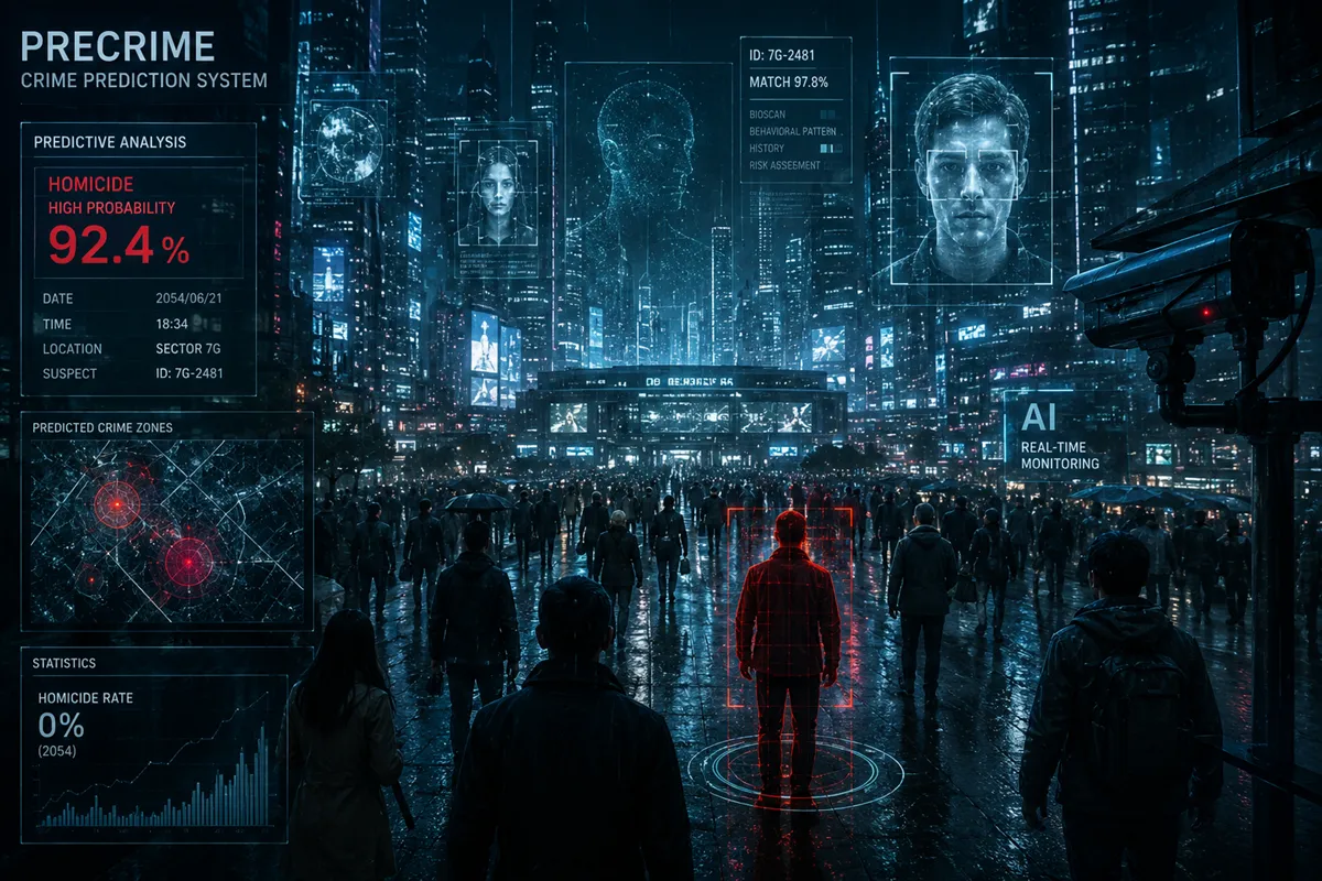 A futuristic pre-crime-style image of an AI-powered crime prediction system monitoring a city.