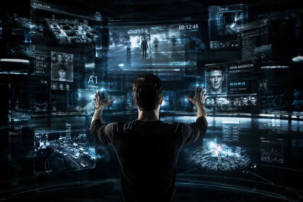 A futuristic user manipulating floating digital screens through large conducting-like gestures, surrounded by holographic spatial interfaces.