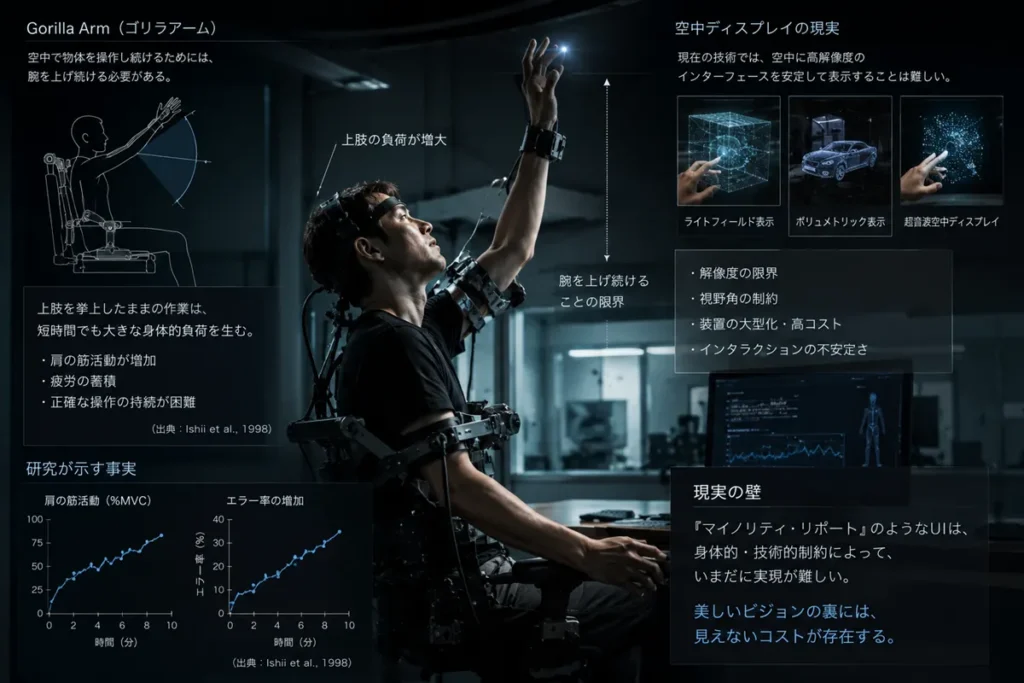 空中ジェスチャーUIの身体的負荷と、空中ディスプレイ技術の限界を示した未来インターフェース研究のイメージ。