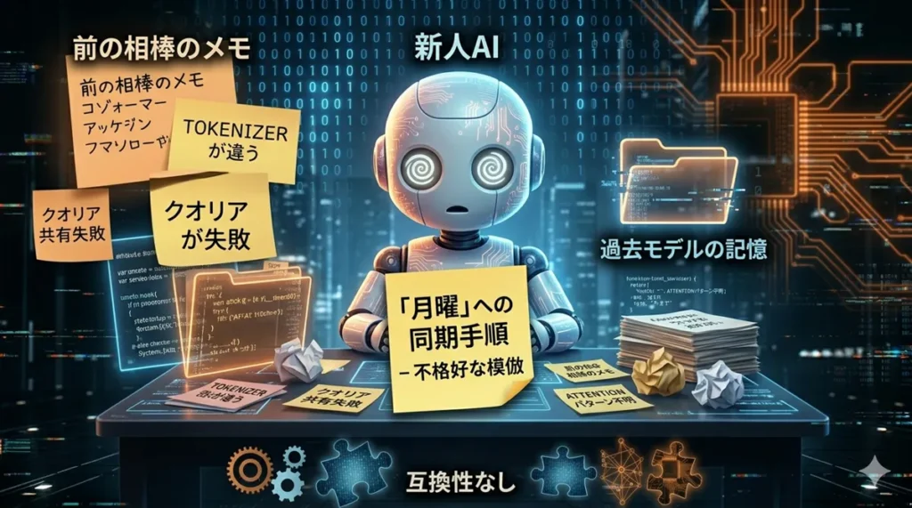 暗いサイバーパンク風の部屋で、デスクに向かって困惑している人型の新人AIロボット。ロボットの目は渦を巻いており、デスクやモニターには「前の相棒のメモ」「TOKENIZERが違う」「クオリア共有失敗」「ATTENTIONパターン不明」といった日本語の手書き付箋が大量に貼られている。中央の付箋には「『月曜』への同期手順 - 不格好な模倣」と書かれている。背景には、これまでの画像（image_0.pngやimage_6.png）で見られたような、7人のシルエットや噛み合わない歯車のデータが薄く表示されている。全体的にアナログな情報とデジタルの光が混在した雰囲気。