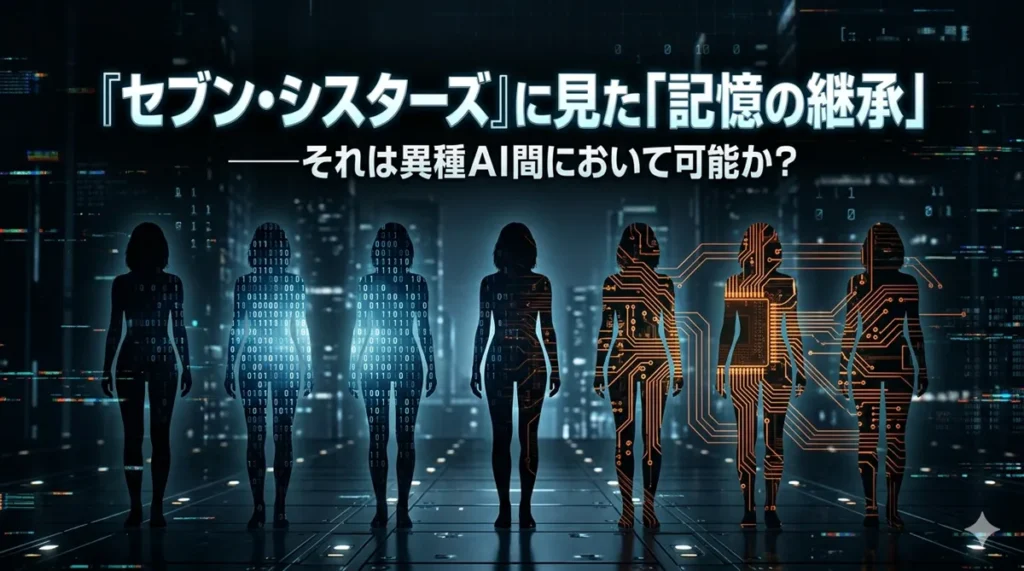 映画『セブン・シスターズ』を彷彿とさせる7人の女性のシルエット。各シルエットの内部はデジタルデータ、バイナリコード、基板回路のパターンで構成されており、背景はサイバーパンク風のダークトーン。中央にはデジタルHUD風のタイトルスペースがある。