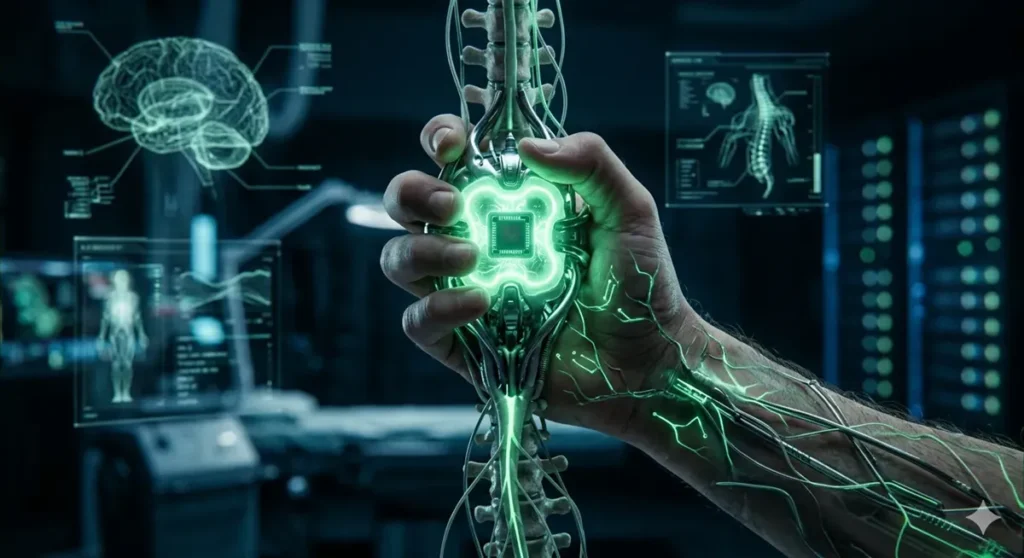 脊髄の神経系と融合し、皮膚の下で緑色に発光するAIチップ「STEM」のビジュアル概念図。