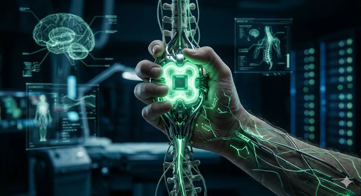 脊髄の神経系と融合し、皮膚の下で緑色に発光するAIチップ「STEM」のビジュアル概念図。