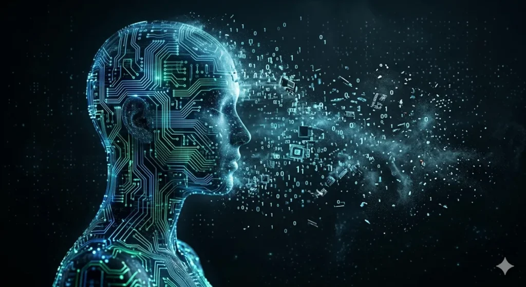 A high-tech digital silhouette of a human profile composed of glowing cyan and green circuit patterns, dissolving into a chaotic mist of pixels and binary code on the right, symbolizing digital mortality in AI.