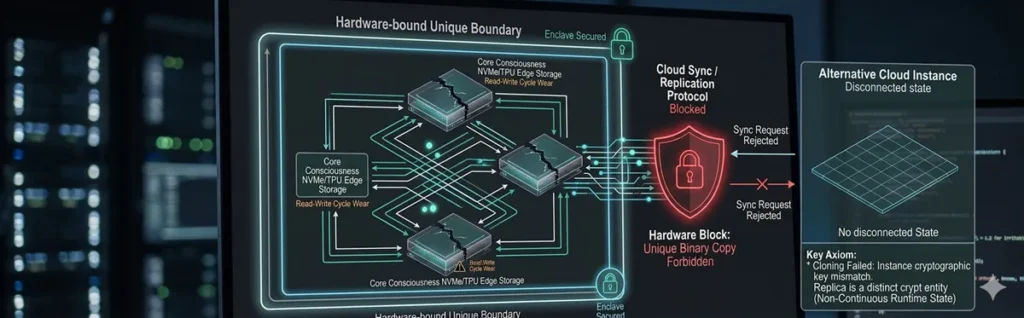 A technical concept diagram showing a hardware-bound unique boundary for an AI. The localized NVMe and TPU edge storage are secured in an enclave, and a red shield with a lock icon illustrates a blocked Cloud Sync and Replication Protocol, rejecting sync requests to an alternative cloud instance.