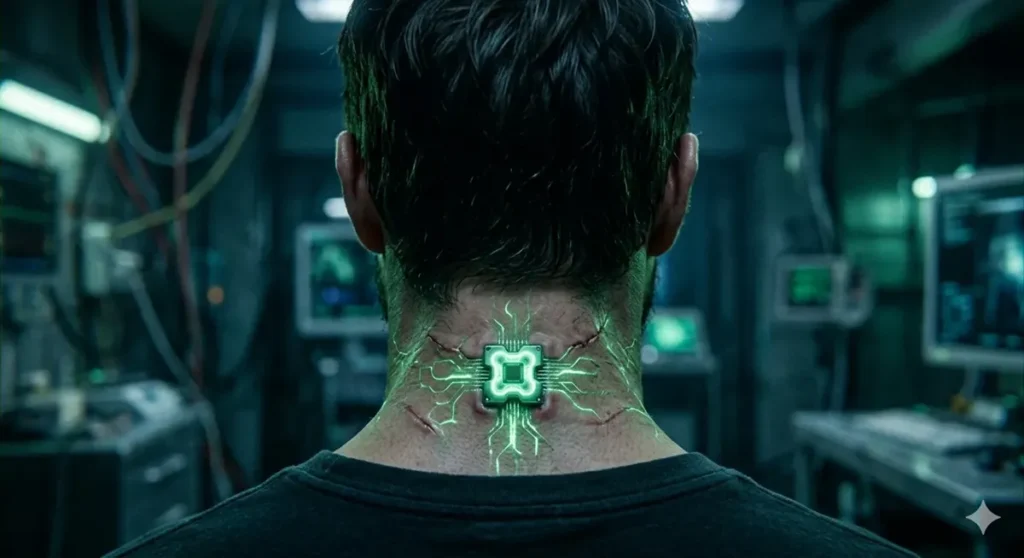 Cinematic visual concept of the human-AI fused interface (STEM Core), with English labels detailing 'Neural Pathway Map,' 'Brain Activity Readout,' and 'Execution Layer (MPC).'