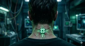 Cinematic visual concept of the human-AI fused interface (STEM Core), with English labels detailing 'Neural Pathway Map,' 'Brain Activity Readout,' and 'Execution Layer (MPC).'