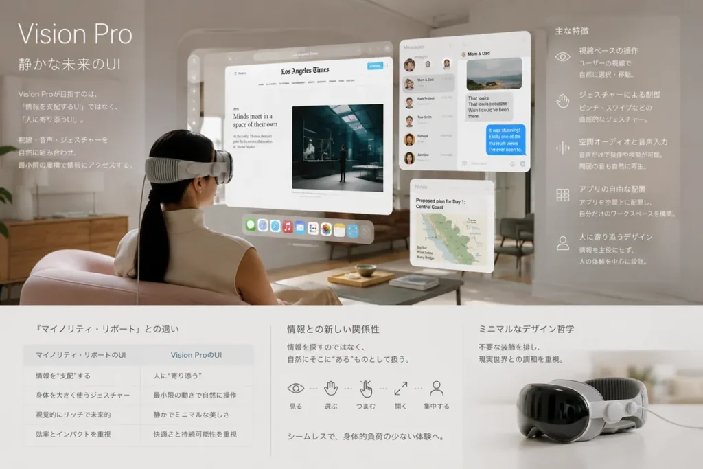 Apple Vision Proを装着し、空間上に浮かぶミニマルなUIを操作する人物のイメージ。身体負荷を抑えた現代的な空間コンピューティングを表現