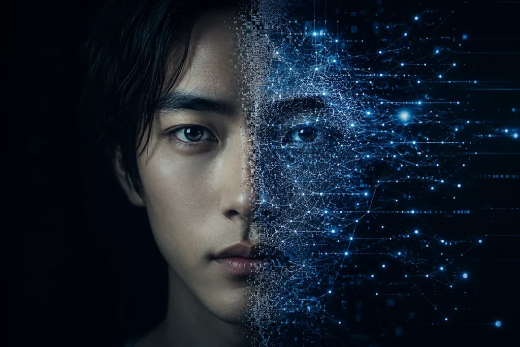 A human face gradually dissolving into digital particles and data streams, symbolizing the blurred boundary between human consciousness and artificial intelligence.