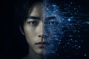 デジタル粒子とデータストリームへと徐々に溶けていく人間の顔。人間の意識と人工知能の境界が曖昧になる様子を象徴している。