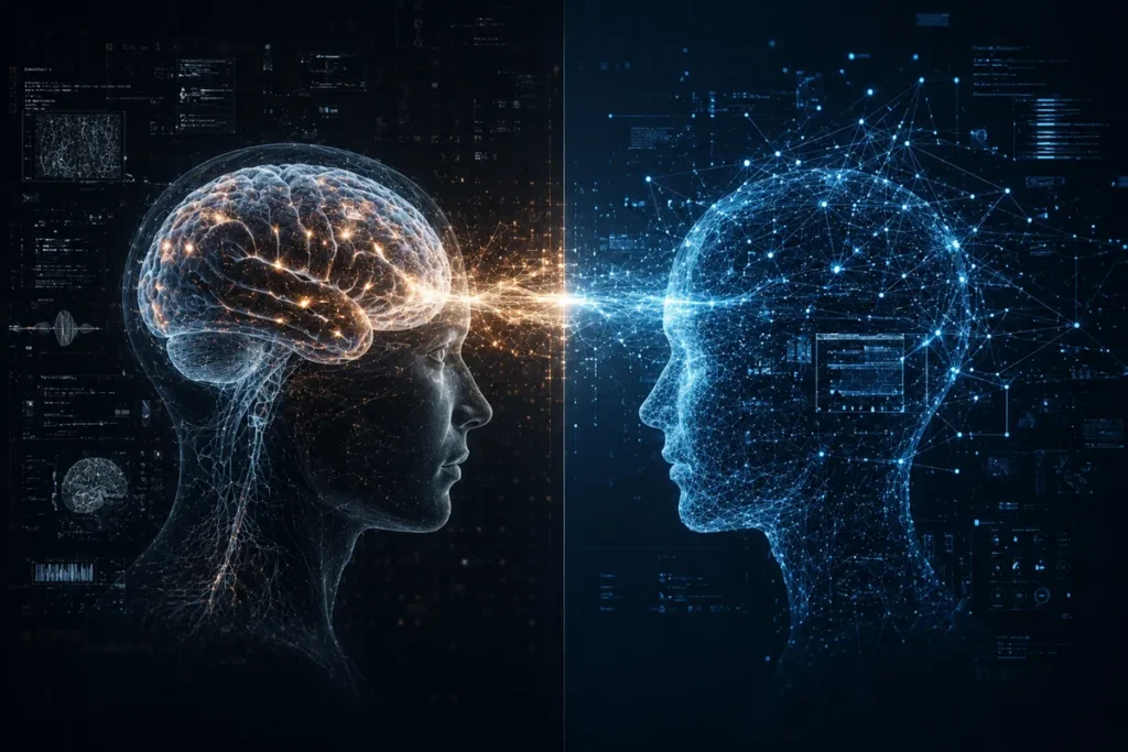 人間の脳とAIネットワークが光で接続された未来的なイラスト。記憶、学習、人格形成の関係を象徴している。