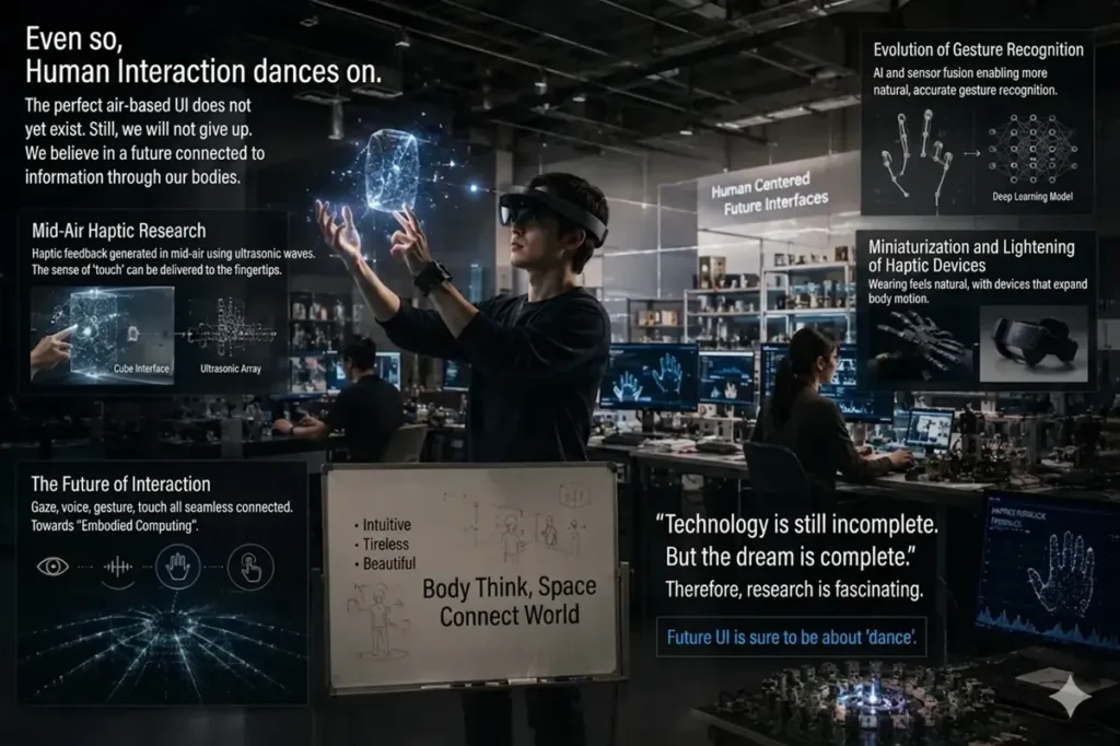 A conceptual visualization of the physical limitations of spatial interfaces, showing user fatigue, gesture interaction, and floating holographic UI elements.