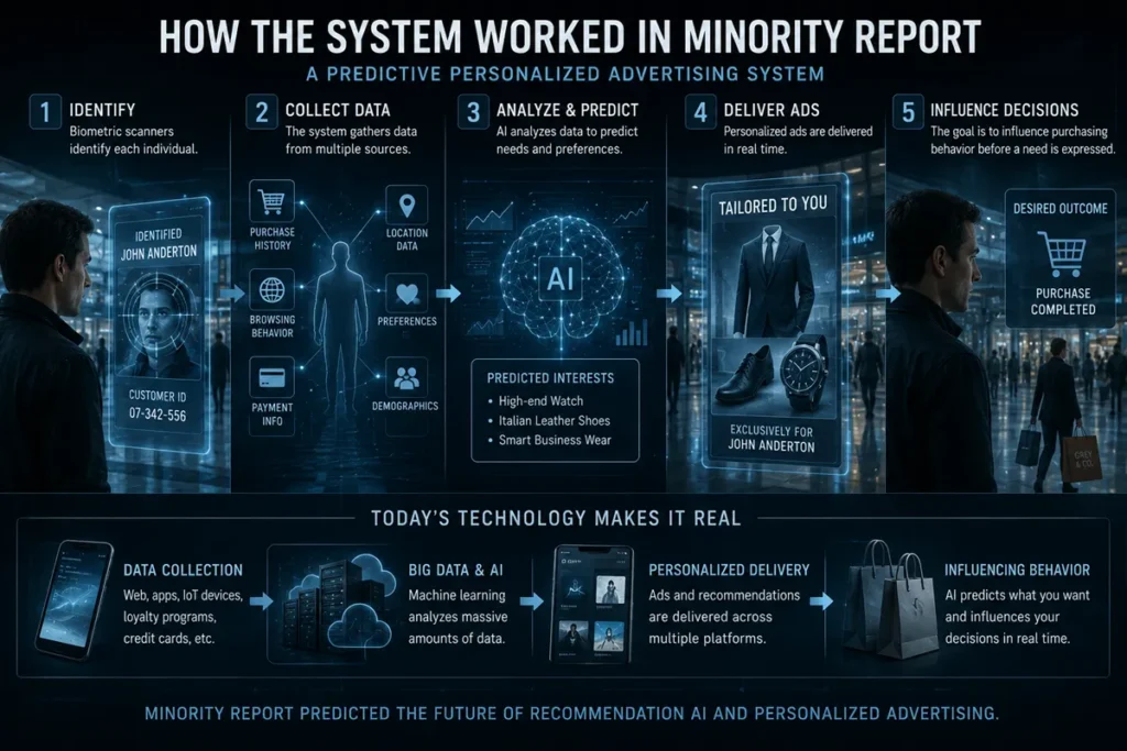 Workflow diagram of Minority Report's personalized advertising system, showing biometric scanning, customer data processing, recommendation AI, and targeted advertising delivery.