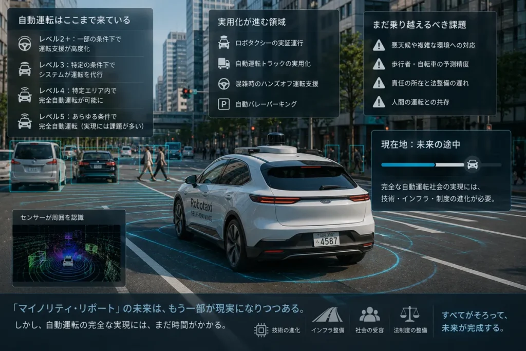 完全自動運転社会の実現に向けて開発が進む自動運転車のイメージ。