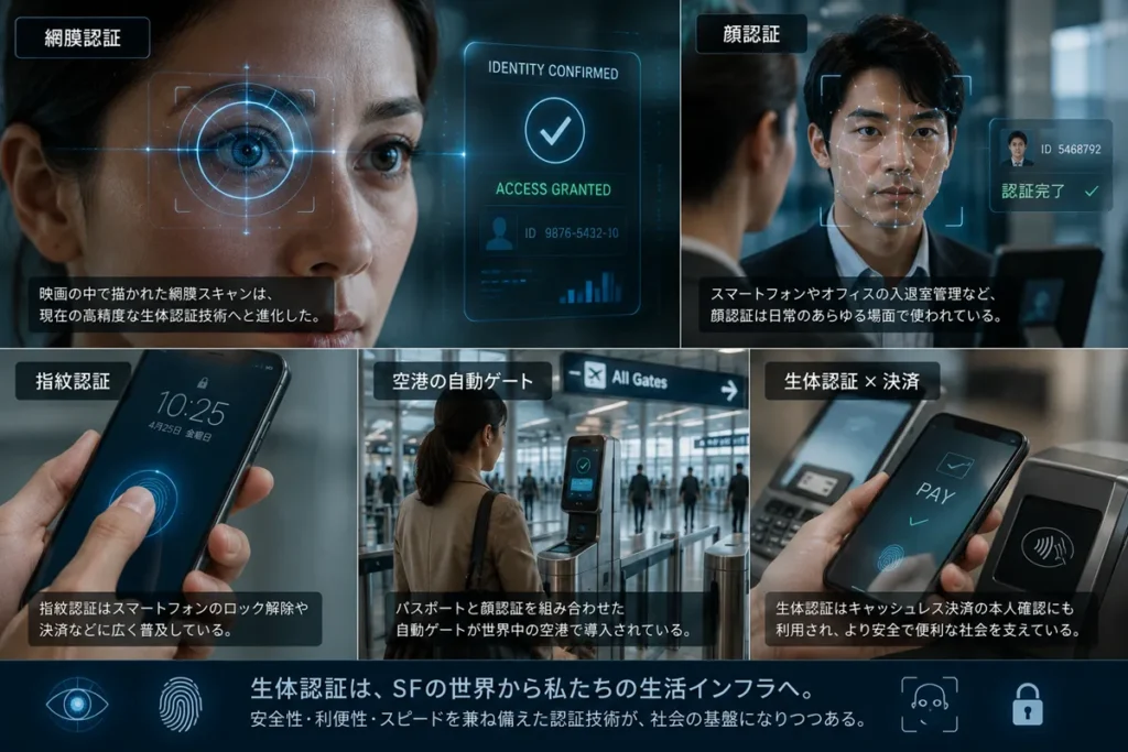 網膜認証、顔認証、指紋認証、空港ゲート認証など、現代社会で利用される生体認証技術をまとめたイメージ。