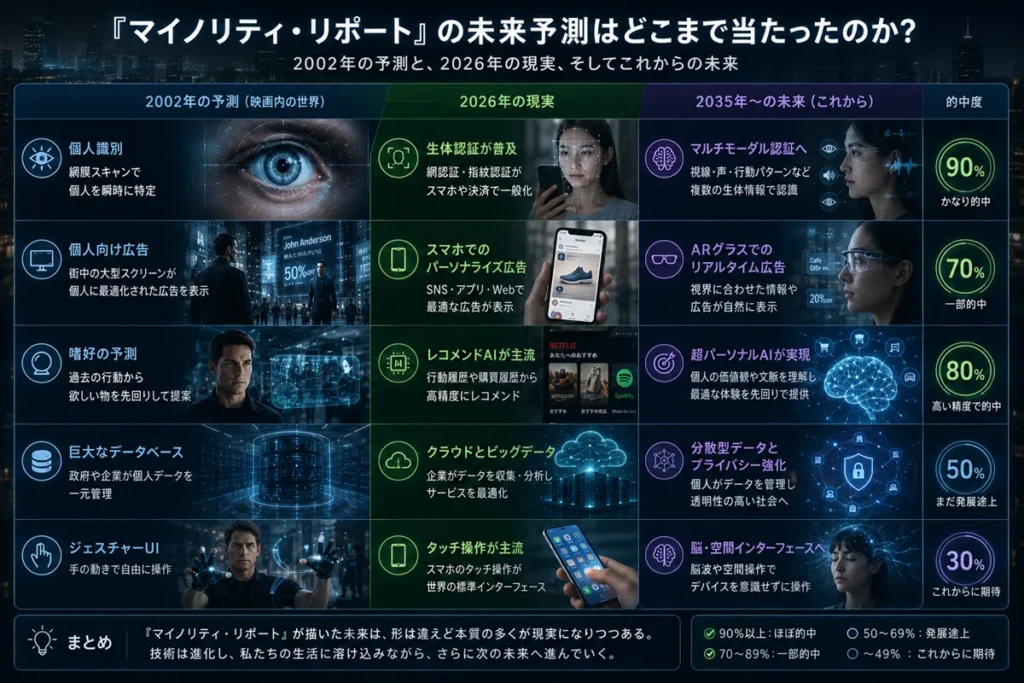 『マイノリティ・リポート』が描いた未来技術と2026年の現実を比較したインフォグラフィック。個人広告、生体認証、レコメンドAI、データベース、空間UIなどがどの程度実現したかを整理している。
