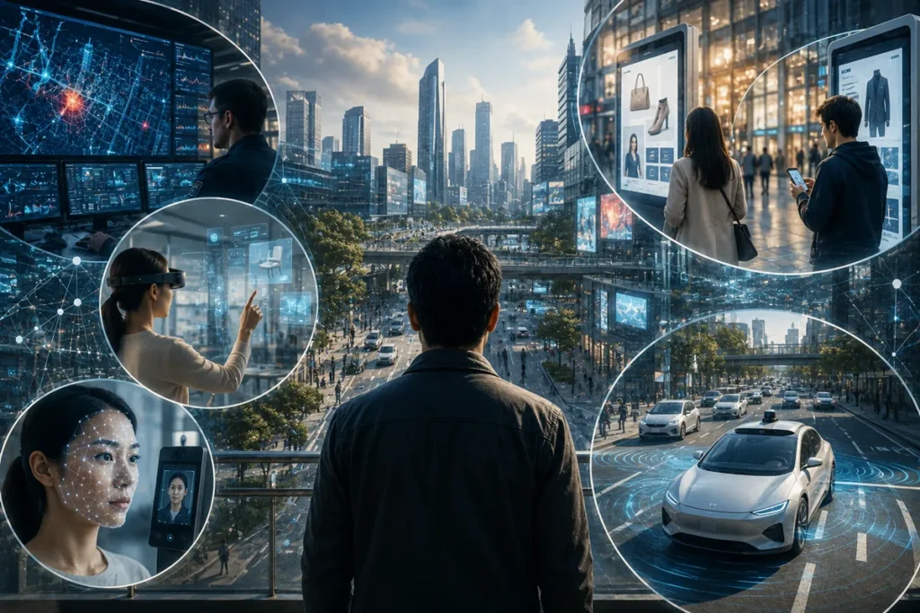 Illustration showing predictive policing AI, gesture-based interfaces, personalized advertising, biometric identification, and autonomous vehicles inspired by Minority Report and their real-world counterparts.