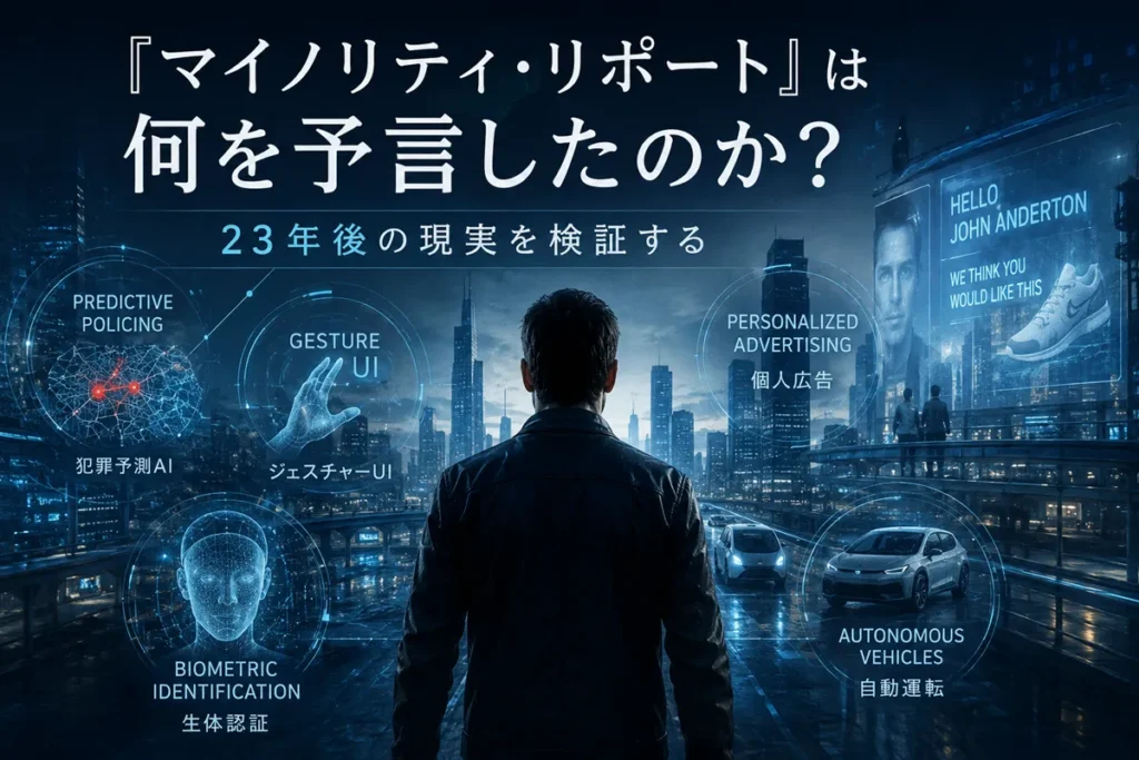 『マイノリティ・リポート』で描かれた犯罪予測AI、ジェスチャーUI、個人広告、生体認証、自動運転などの未来技術と現代社会の関係を表現したイメージ。