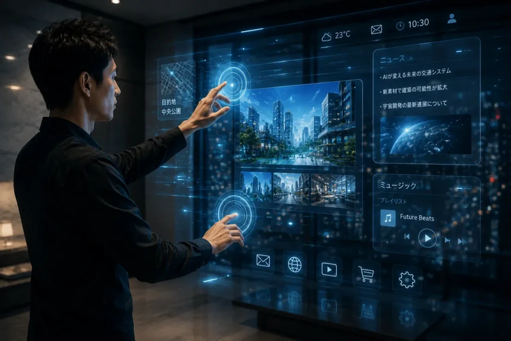 空中に表示されたデジタル情報を手の動きで操作するジェスチャーUIと空間コンピューティングのイメージ。