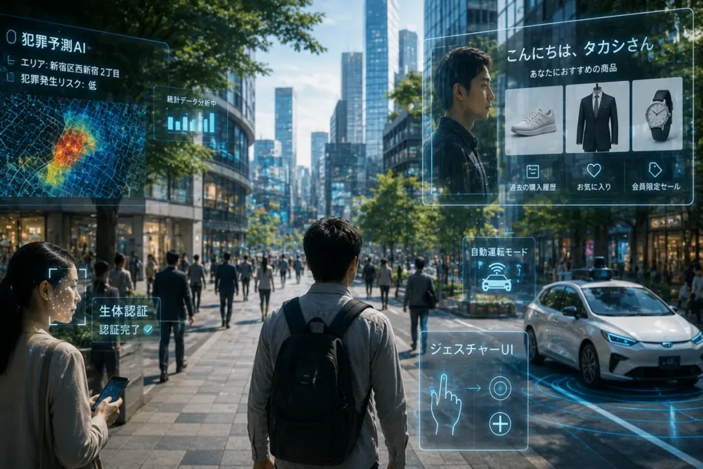 AI分析、個人広告、生体認証、ジェスチャーUI、自動運転などのデジタル技術が日常に溶け込んだ近未来都市のイメージ。