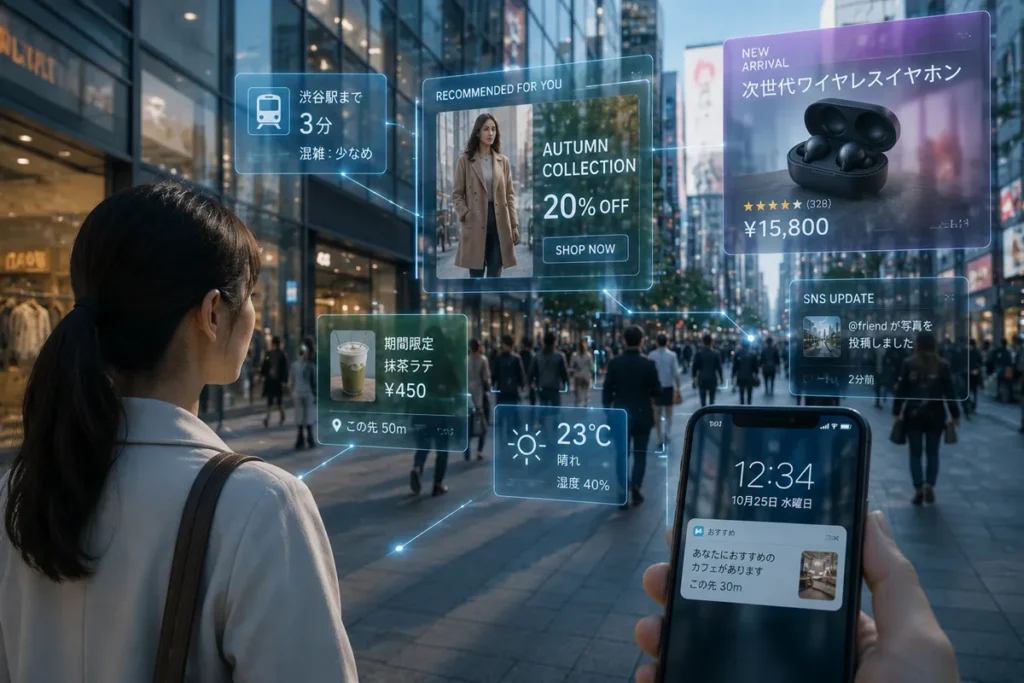 個人の行動や興味関心に合わせて広告や情報が表示される、パーソナライズド広告社会のイメージ。